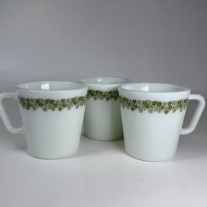 Vintage Pyrex Mugs Set of 3 Spring Blossom Green Crazy Daisy Milk Glass USA 1410